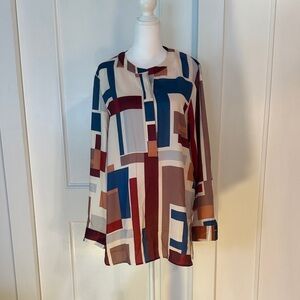 Lafayette 148 New York Color Block Blouse - Blue, Red, Tan